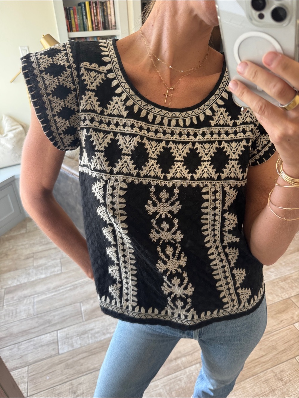 Woven Embroidered Black & Cream Women's Top